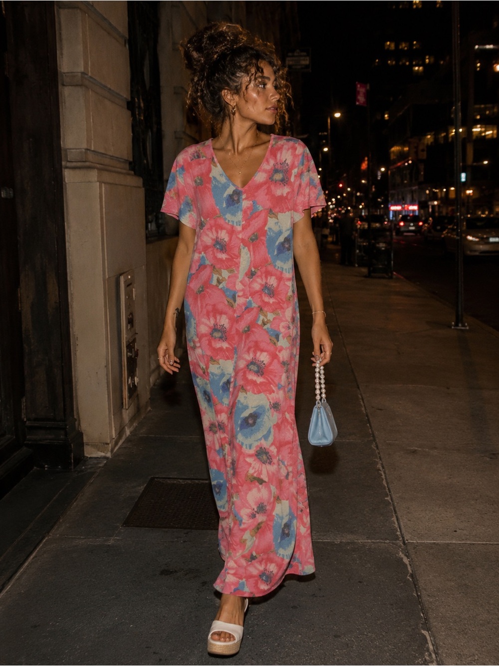 Floral V-Neck Maxi Dress in Pink and Blue